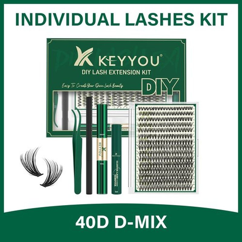 KEYYOU Lash Extension Kit DIY 300Pcs Lash Clusters Kit 40D 0.07 D Curl 9-18MIX Eyelash Extension Kit Individual Lashes Kit with Lash Bond and Seal, Lash Tweezers and Remover for Self Use