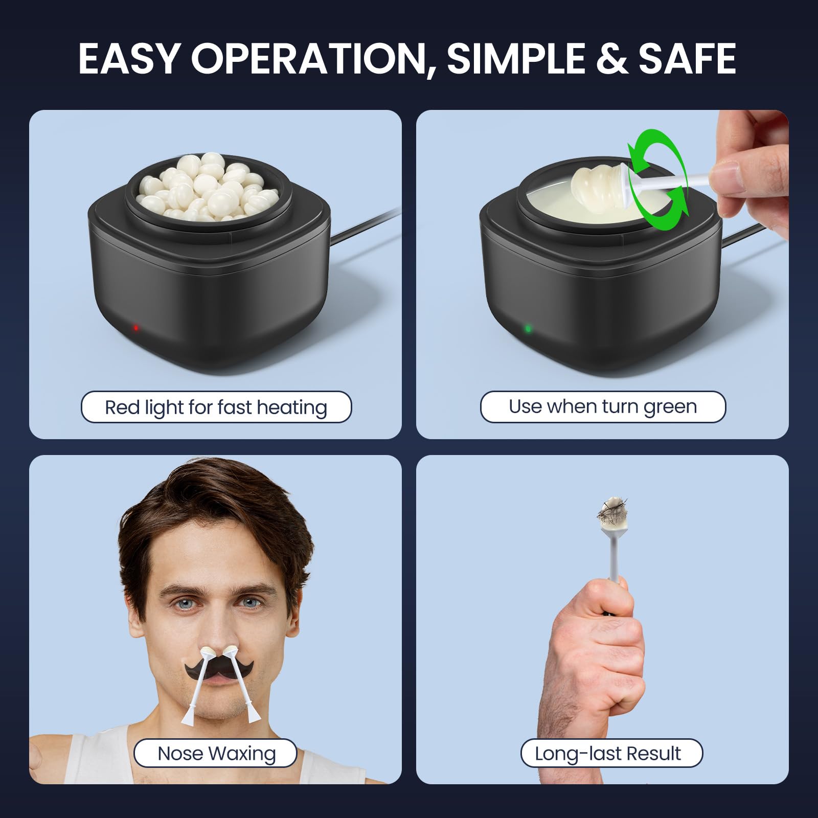 SUERBEATY Nose and Ear Hair Wax Kit for Men 100g Wax 40 Sticks USB Heating Smart Temp Control Upgraded Size Multi-Accessories Dark Gray