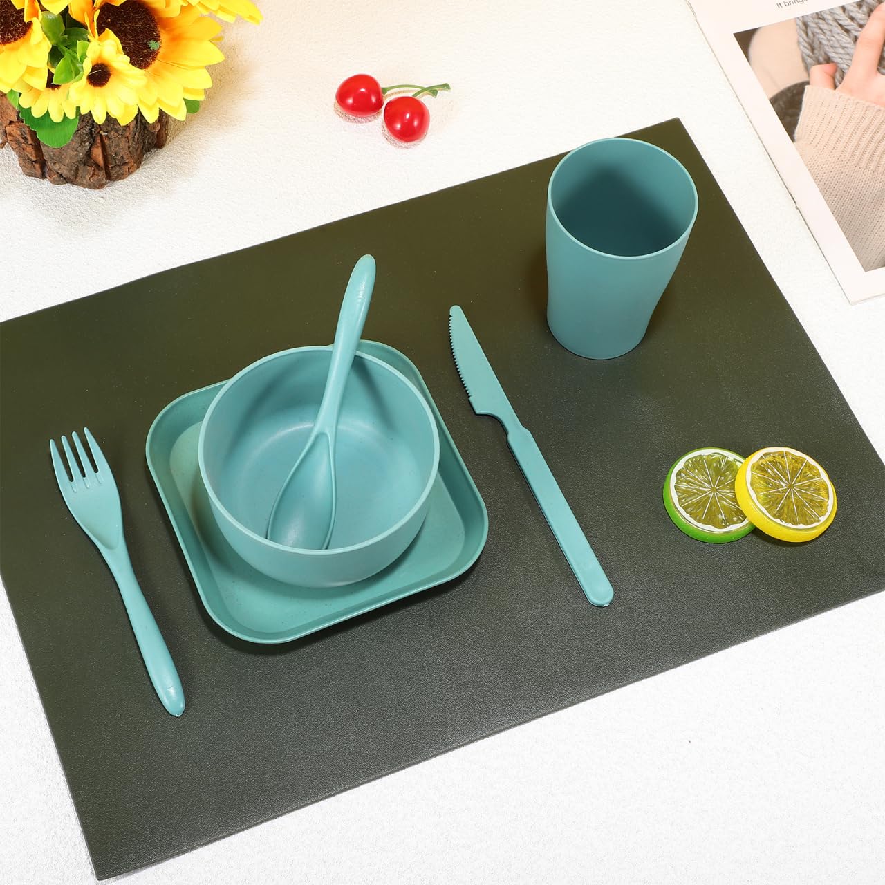 NOLITOY Wheat Straw Dinnerware Set 6 Pcs Plates and Bowls Sets - Microwave Dishwasher Safe Plates Compact Small Unbreakable Dinnerware for Camping, Outdoor Picnic, BPA Free, Blue