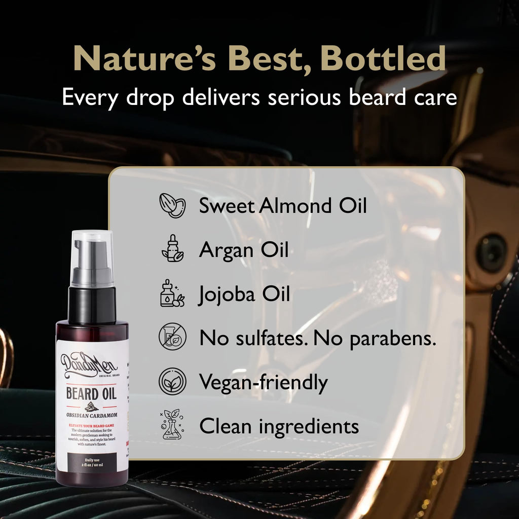 DandyMen Beard Oil for Men – Hydrating Beard Conditioner & Softener with Sweet Almond & Argan Oils – 2 oz, Obsidian Cardamom