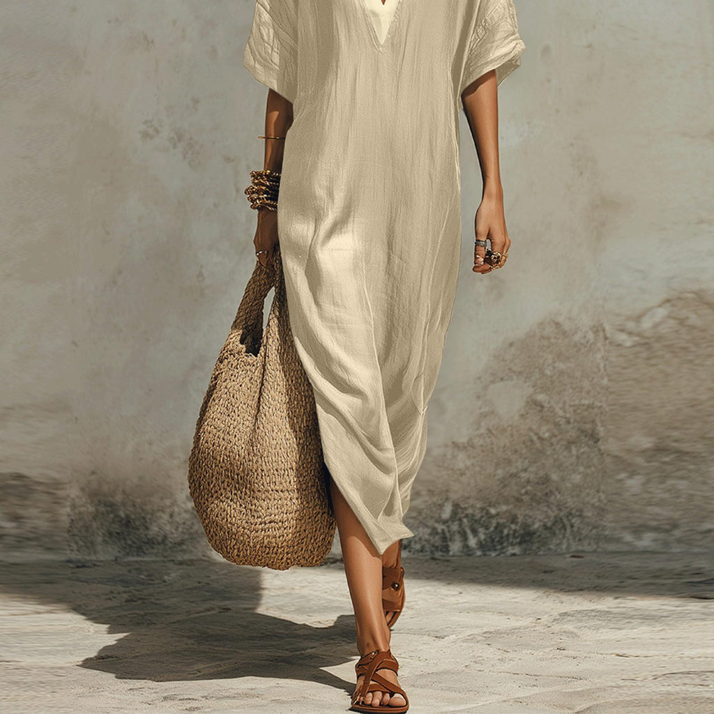 Linen Dress Women Casual Short Sleeve Fashion Beach Dresses V-Neck Lightweight Split Flowy Sundresses