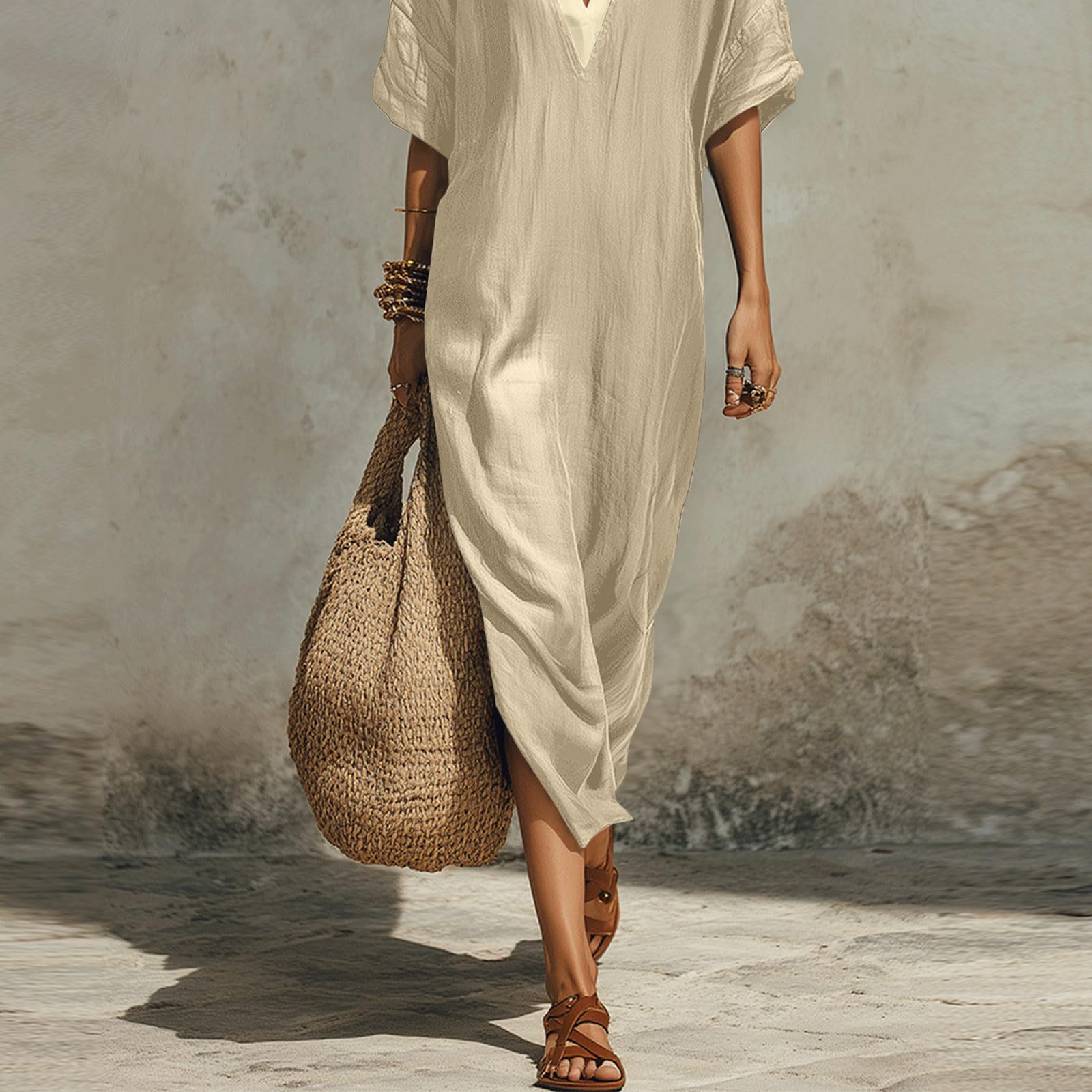 Linen Dress Women Casual Short Sleeve Fashion Beach Dresses V-Neck Lightweight Split Flowy Sundresses