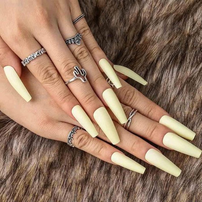 Outyua Matte Super Long False Nails Coffin Ballerina Extra Long Press on Nails Acrylic Fake Nails Acrylic Full Cover Nails 24Pcs (Yellow)