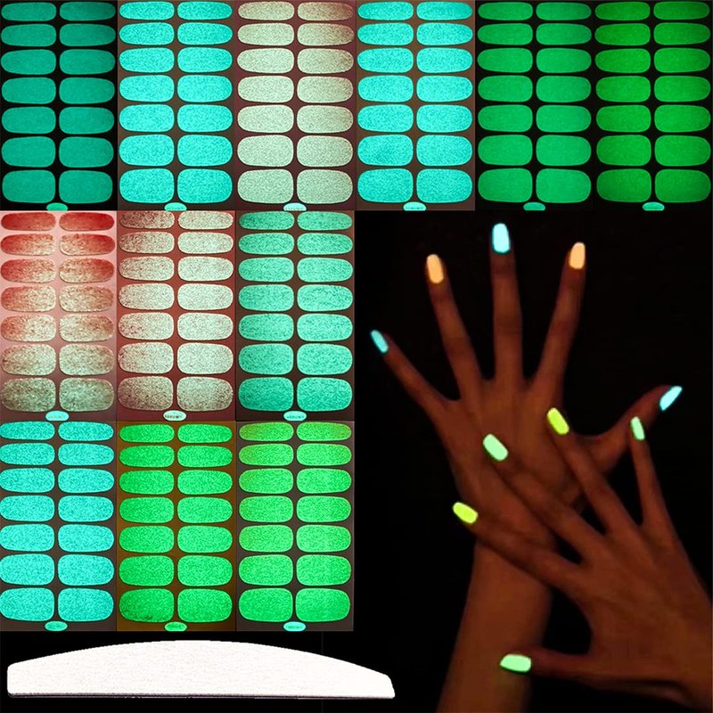XEAOHESY 12 Sheets Luminous Solid Color Nail Polish Strips Self-Adhesive Glow in Dark Gel Nail Strips Fluorescent Bright Color Nail Stickers Full Wraps for Women