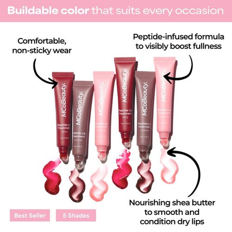 MCoBeauty Peptide Lip Treatment Fairy Floss - Sheer Pink Tinted Lip Balm Plumper Gloss for Women - Hydrating Lip Oil with Shea Butter, Peptides for Soft Plump Lips - Vegan Cruelty Free Lip Care