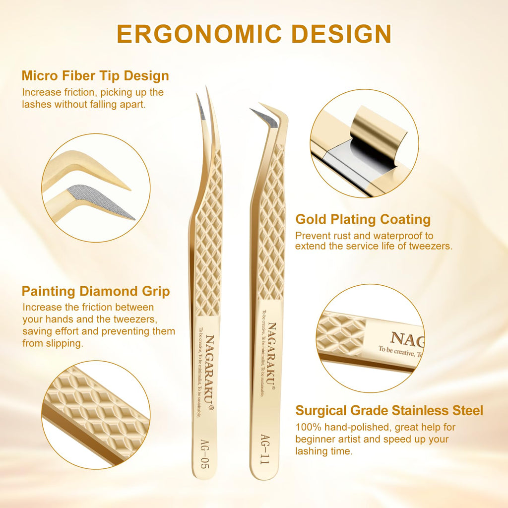 NAGARAKU Eyelash Extension Tweezers Fiber Tip AG-05 & AG-11 2Pcs Set