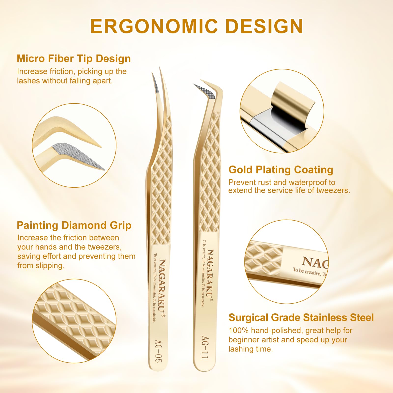 NAGARAKU Eyelash Extension Tweezers Fiber Tip AG-05 & AG-11 2Pcs Set