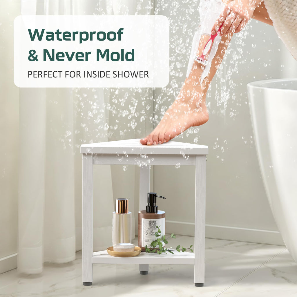 Waterproof Shower Foot Rest 14in, HDPE Small Stool for Bath Corner, White