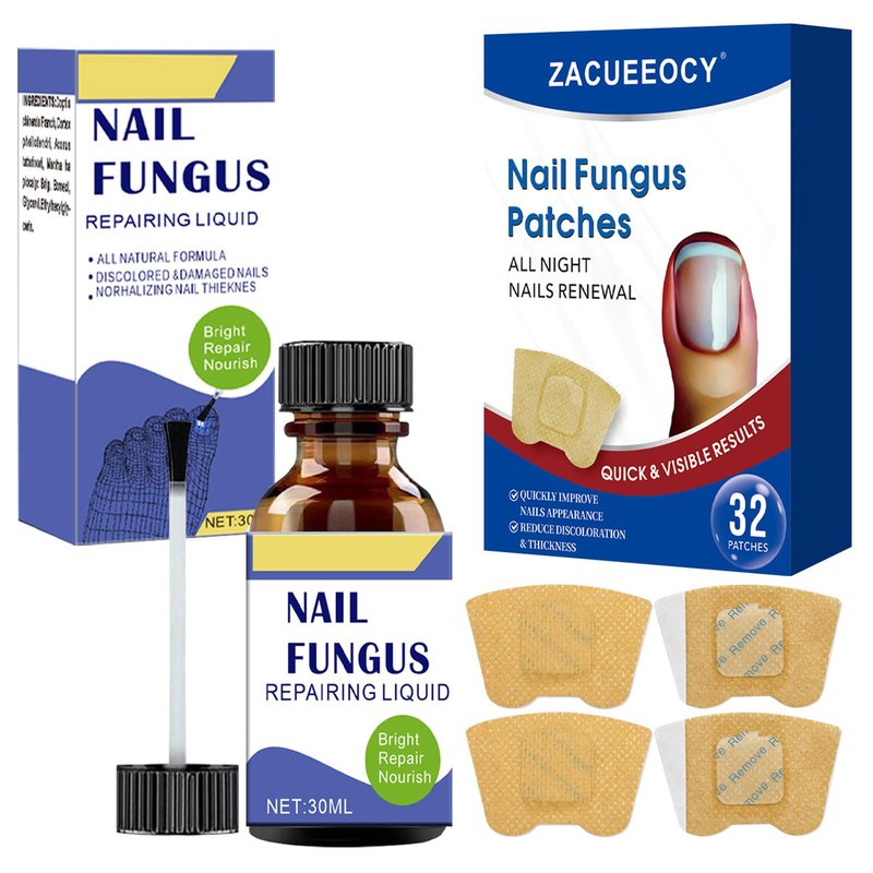 ZACUEEOCY Toenail Fungus Treatment Extra Strength Kit, 30ml Nail Repair Solution and 32 Nail Renewal Patches for Damaged Thick Discolored Toenails and Fingernail