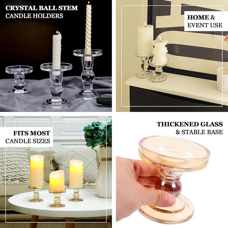 Efavormart Glass Pillar Candle Holders Set - Premium Clear Design with Round Tray | 3.5", 4.5", 5.5" Sizes