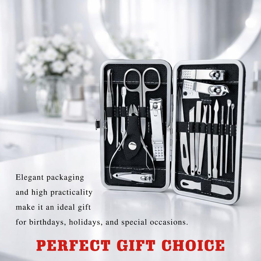19-Piece Professional Nail Clippers & Grooming Kit (Black) – Fingernail and Toenail Cutters Manicure Pedicure Set with Travel Case for Men and Women