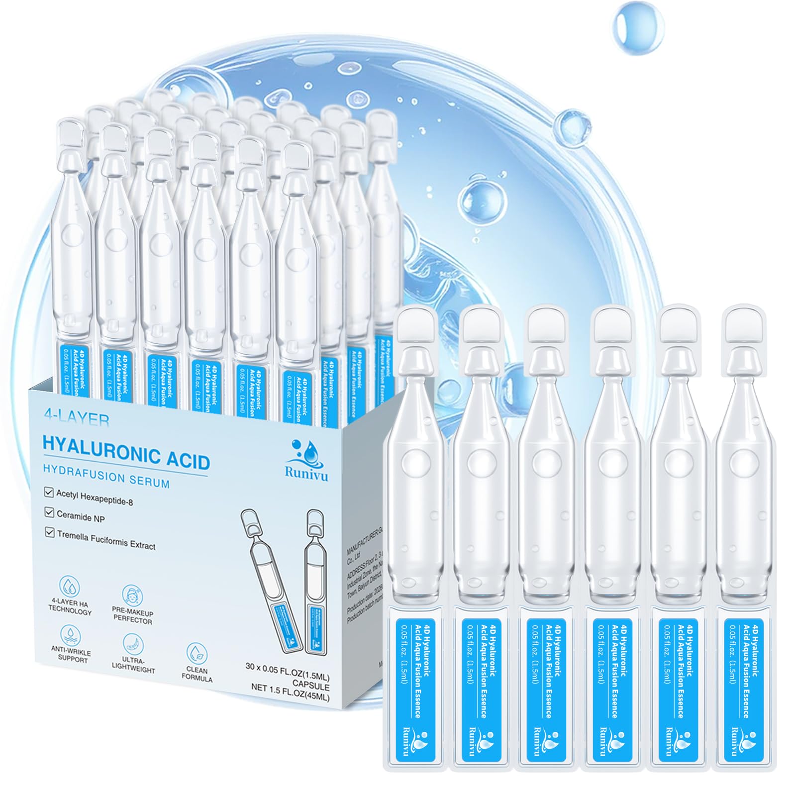 Burgift Hyaluronic Acid Serum for Face, 3% 4D Deep Hydrating Facial Ampoules in 30 Single-Use Vials, Plumping Moisturizer & Pre-Makeup Prep