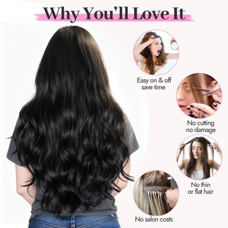 KooKaStyle Clip In Hair Extensions, Natural Long Layered Soft Invisible Synthetic Curly Wavy Hairpieces for Women, 4 pcs (20 Inch, Black)