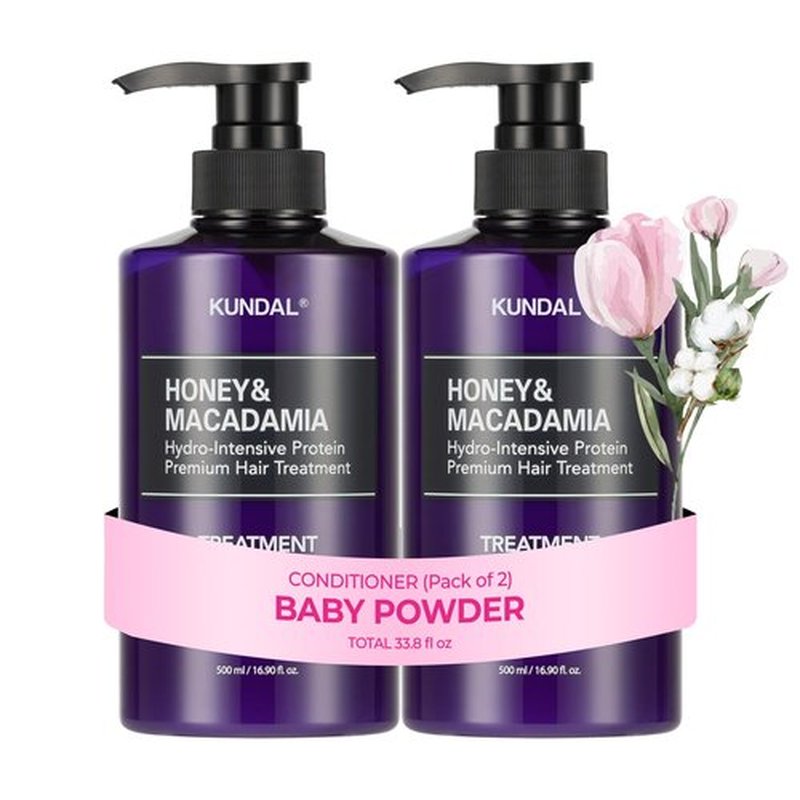 KUNDAL Honey & Macadamia Natural Conditioner Korean Hair Care Damage Repair, Deep Hydration, Long Lasting Fragrance, with Honey, Argan Oil, Macadamia Oil 16.9fl oz (Pack of 2) (Baby Powder)
