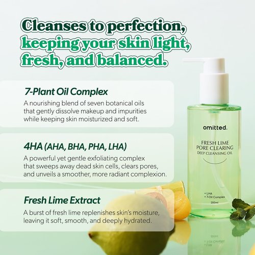 Omitted Fresh Lime Pore Clearing Deep Cleansing Oil (200ml) - Makeup Remover with LHA and Natural 7-Oil Complex, Lightweight Blackhead Cleanser, Korean Skincare, 6.76 fl. oz.