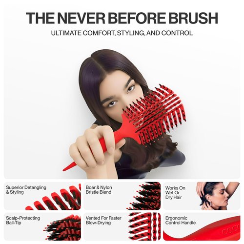 COCCO Aura Vent Boar Brush | Vented Dual-Curved Design for Faster Drying, Effortless Detangling & Shine, Boar + Nylon Bristles, Ergonomic Comfort Handle for Wet & Dry Hair Styling - Red