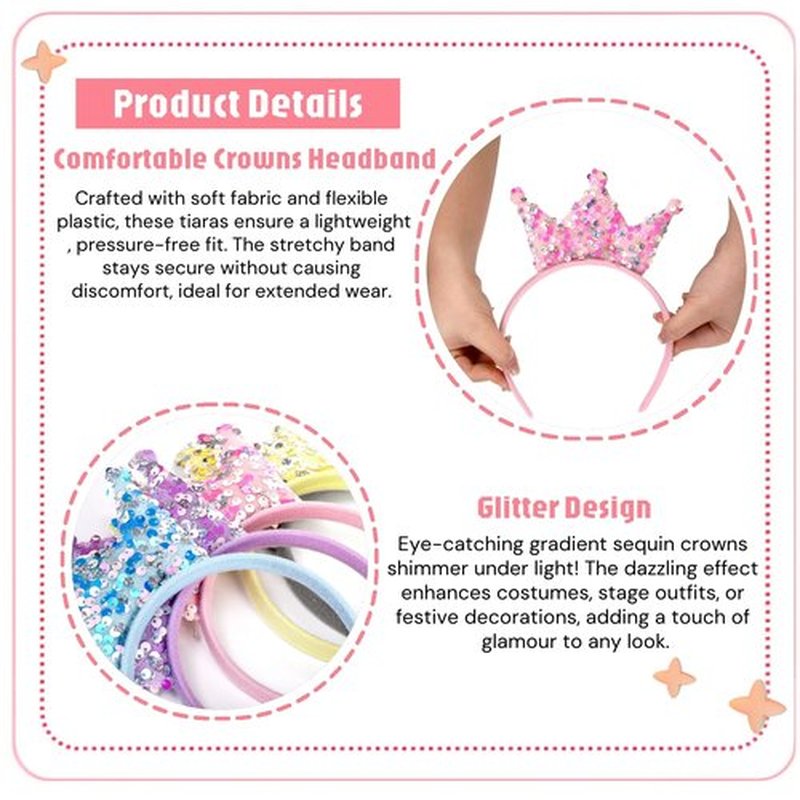 Acshio 12 Pack Princess Crown Headband, Glitter Sequin Crown Headband, Shiny Tiaras and Crowns Hair Accessories for Birthday Party, Gifts