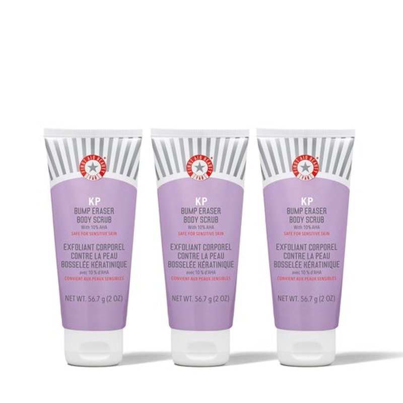 First Aid Beauty - KP Bump Eraser Body Scrub with 10% AHA, Keratosis Pilaris Skin Exfoliator with Glycolic & Lactic acids, Helps Reduce Chicken Skin Bumps, Safe for Sensitive Skin, 2 oz, 3 ct