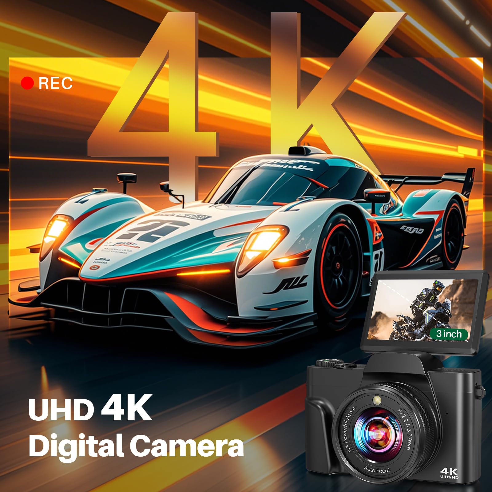 4K Digital Camera for Photography, 16X Zoom Autofocus 64MP WiFi Compact Travel Camera, Vlogging Camera for YouTube, 3'' 180° Flip Screen for Beginners&Boys&Girls, 2 Batteries, 32GB Card, Black