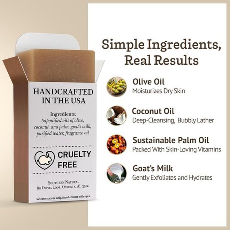 Southern Natural Goat Milk Soap Bar - Oatmeal Milk & Honey | 3-Pack for Dry, Sensitive Skin