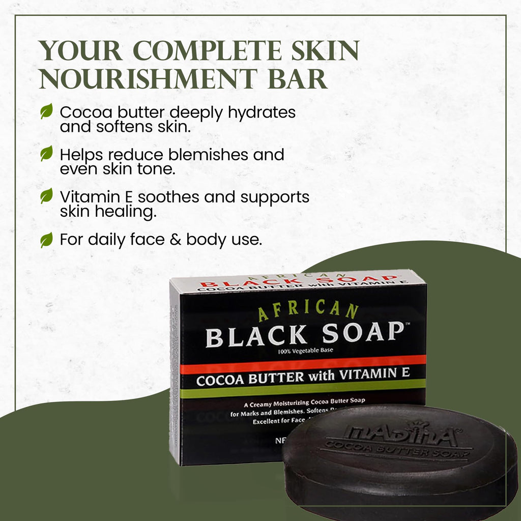 Madina African Black Soap Bar – Cocoa Butter, Vitamin E, Moisturizing, Skin-Restoring, Marks & Blemishes, Face & Body Cleanser, 100% Vegetable-Based, Halal, 6 Pack (3.5 oz Each)