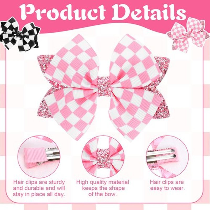 4 Pcs Glitter Pink Checkered Flag Bow for Girls Women, 4 Inch Baby Bows Clips Checker Racing Checkered Flag Hair Bow Clip, Alligator Clips Barrettes Race Fan Car-Themed Birthday Party Gift Accessories