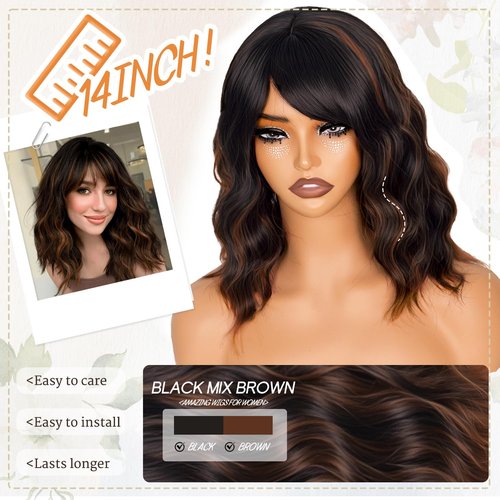 Beautier Black Mixed Brown Wig with Bangs Short Wavy Bob Wigs for Women Synthetic Shoulder Length Hair Natural Looking Curly Wig Heat Resistant Hair Replacement Bob Wigs (14 Inch)