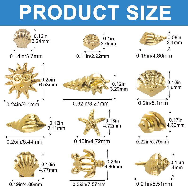 Winsyison 2 Disc Ocean Nail Art Charms, 3D Metal Nails Stickers, Beach Starfish Seashell Decals Manicure DIY Embellishments for Women- Gold
