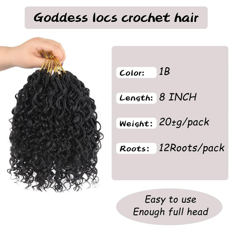 Vemet Goddess Locs Crochet Hair 8 Inch 9 Packs Faux Locs Synthetic Crochet Hair for Black Women, Boho Style Pre looped crochet with Curly Ends 1B