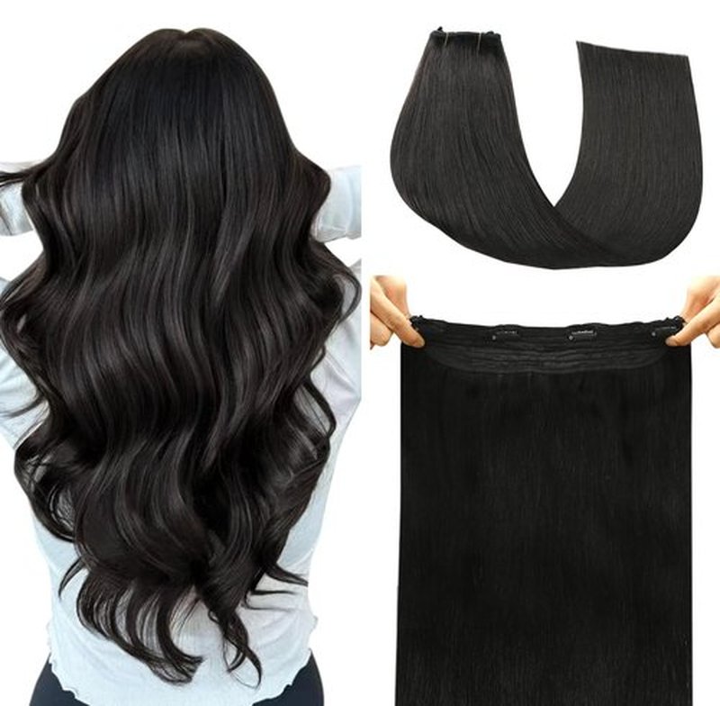 SAFIRENY Wire Hair Extensions 70g Straight Human Hair Wire Extensions Natural Black Invisible Wire Hair Extensions Real Human Hair Black Hair Extensions for Women 14inch(#1B-14inch)