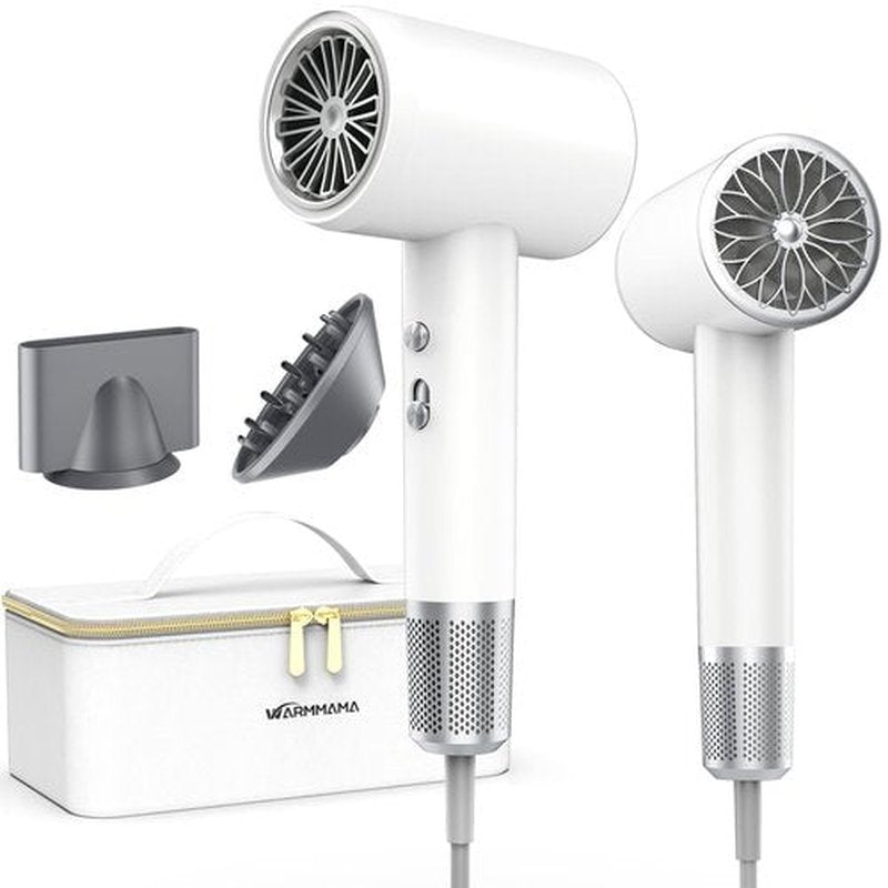 2025 New Hair Blower Dryer, warmmama High Speed Hair Dryers Ionic for Curly Hair, Quiet Thermo-Control Portable Hair Dryer with Diffuser and Nozzle for Home Travel, White