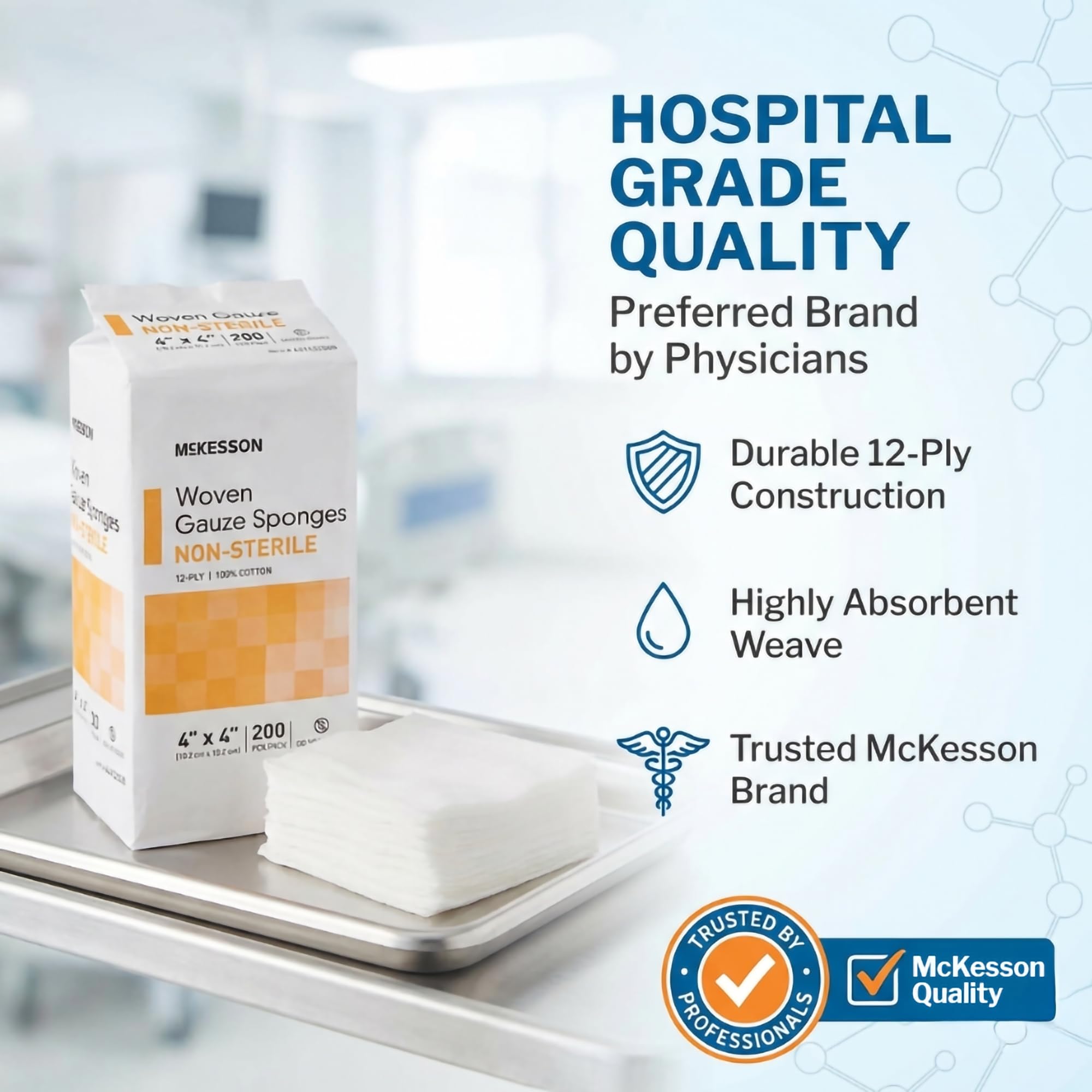 McKesson Non-Sterile Woven Gauze Pads 4x4 Inch [2000 Count] - 12-Ply 100% Cotton Breathable Woven Gauze Sponges for Wound Care & First Aid Medical Supplies