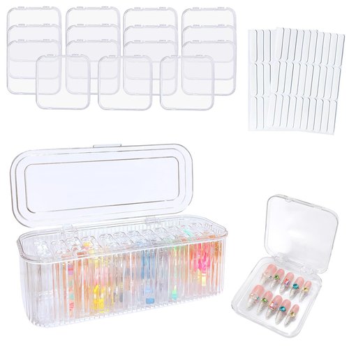 Press On Nail Organizer Box Kit,15 PCS Clear Press On Nail Storage Boxes and 1 Large Container Box,60pcs Adhesive Tape, Fake Nail Organizer Display Case Press On Nail Packaging for Home Nail Salon Use