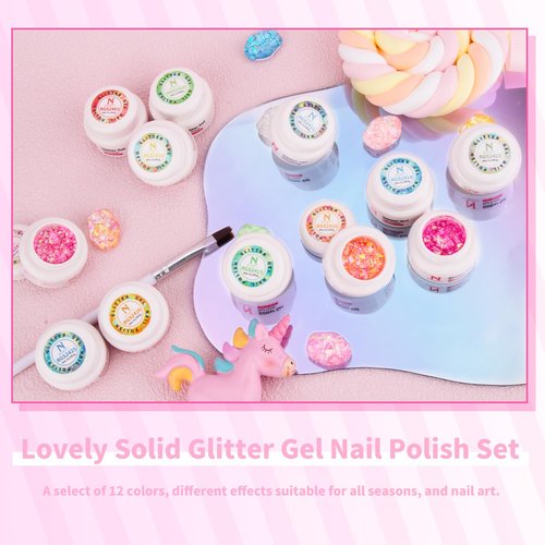 noirwhite Glitter Gel Nail Polish Set -12 Colors Sparkle Sequins Gel Polish Resplendent Colorful Trendy Translucent Glitter Solid Nail Polish Kit Soak Off UV LED for Home DIY Salon with Brush