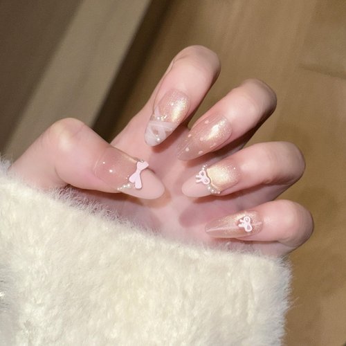 TENPAL Cute Sweet Handmade Press on Nails Almond,Ballet Butterfly Cat Eye Nude Pink Ombre French Tips Fake Nails with Tools, Reusable Spring Polka Dot Bow Pearl False Nails for Women 10pcs(M)