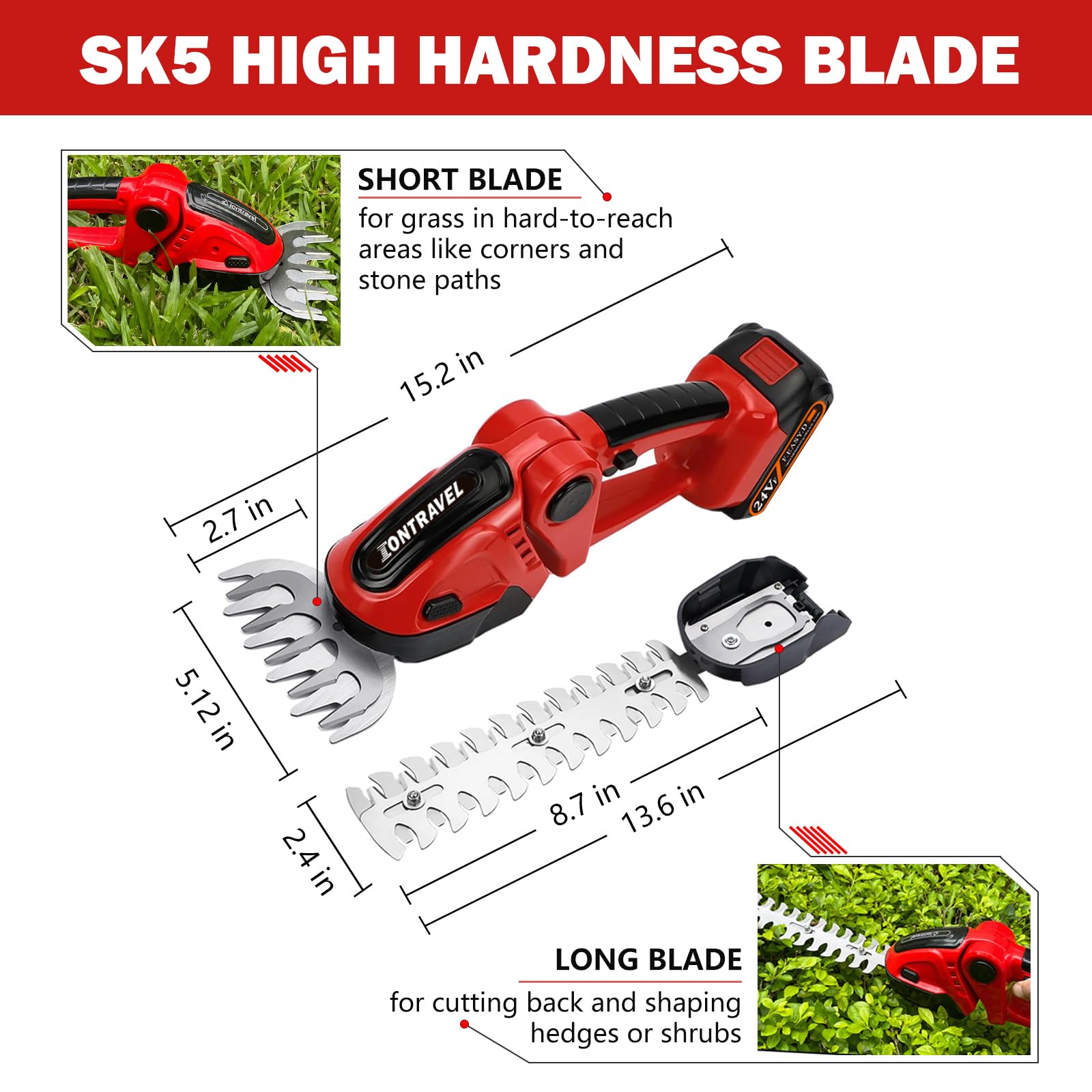 Cordless Hedge Trimmer-24V Electric Shrub Trimmer Grass Shears Handheld Grass Cutter, Hedge Shear with 2 PCS Rechargeable Battery, Charger and Toolbox to for Garden, Lawn, Red