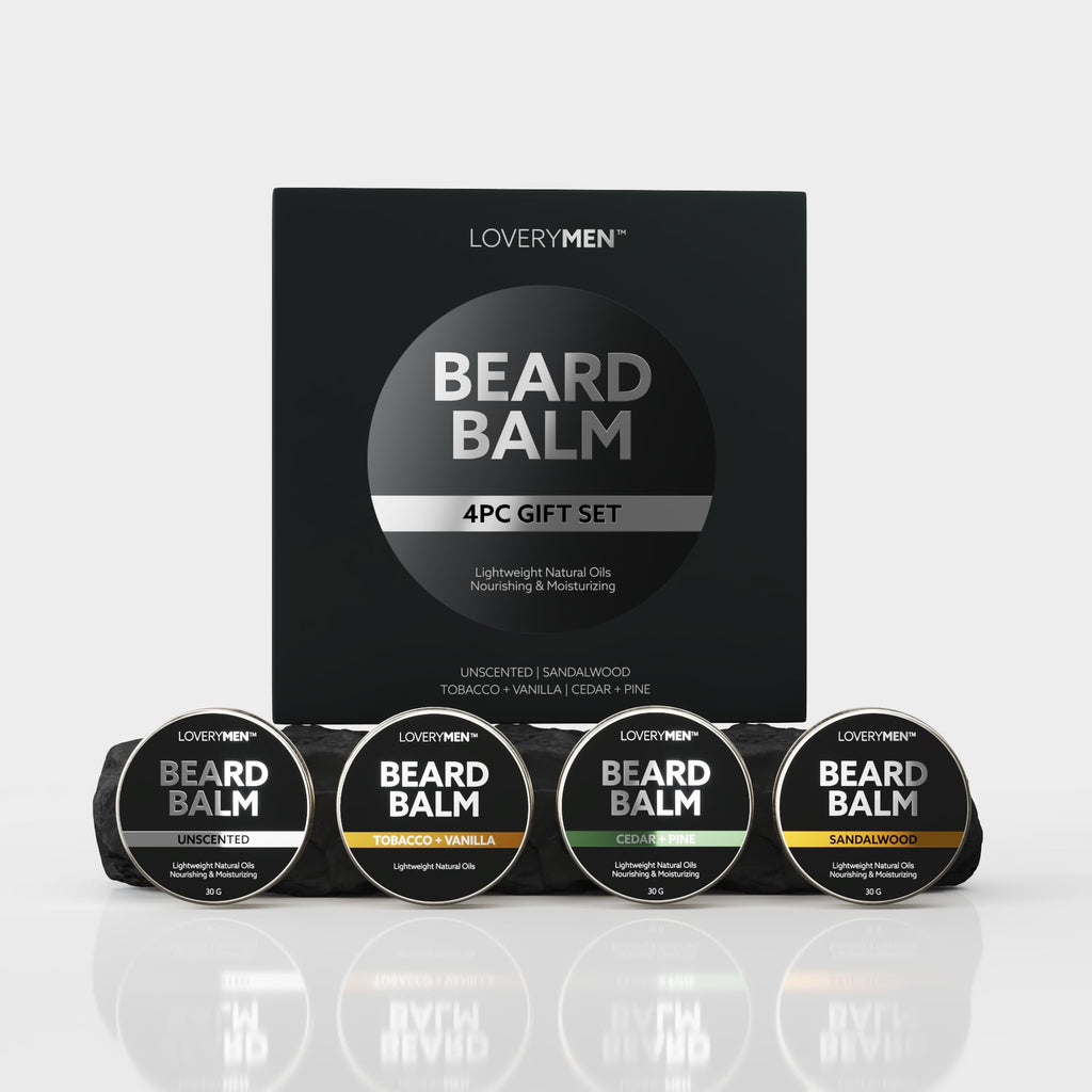 LOVERY Beard Balm for Men, Gift Set in Unscented, Sandalwood, Tobacco Vanilla, Cedar Pine Fragrances, All-Natural Wax, Cream Softener Butter, 4 Pack