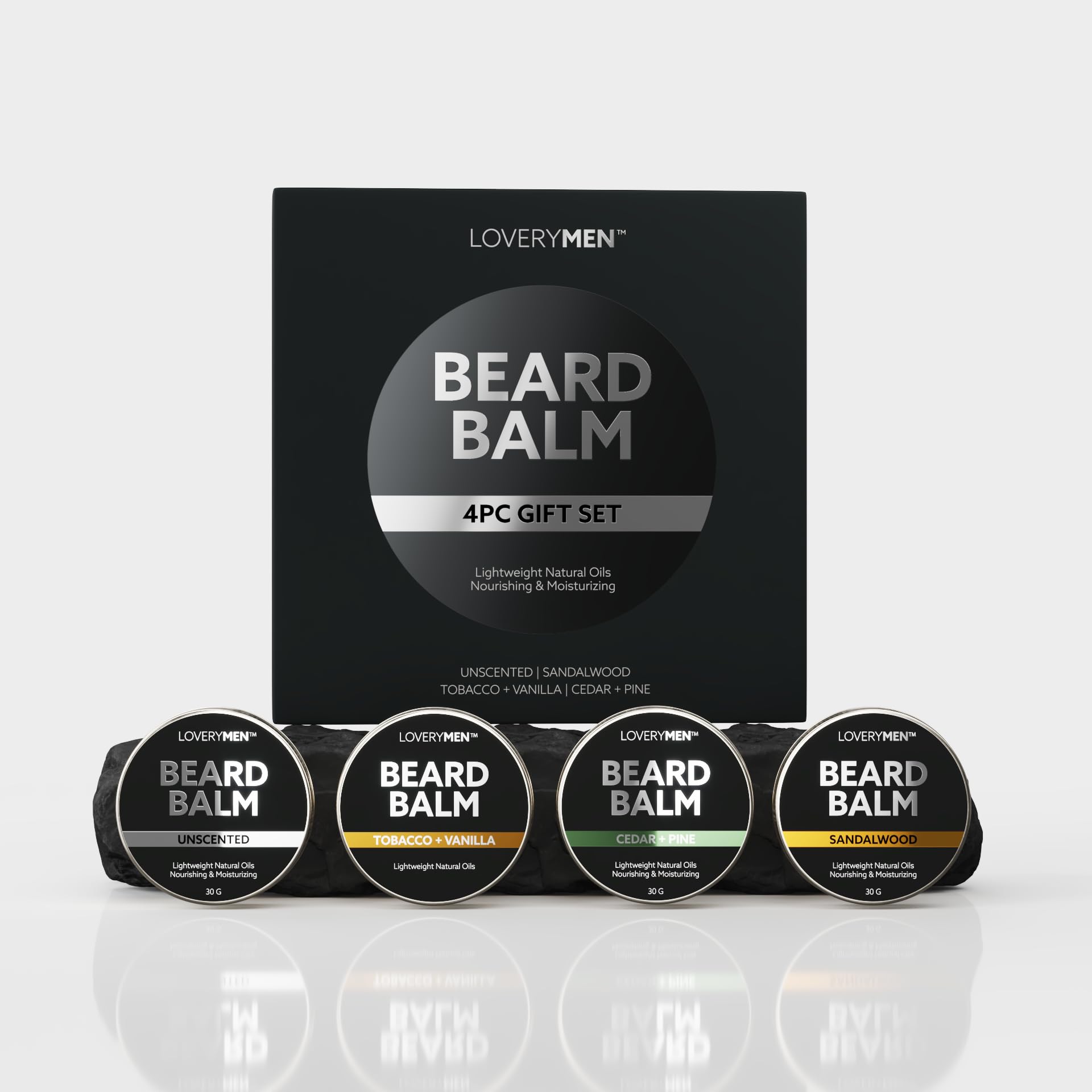 LOVERY Beard Balm for Men, Gift Set in Unscented, Sandalwood, Tobacco Vanilla, Cedar Pine Fragrances, All-Natural Wax, Cream Softener Butter, 4 Pack