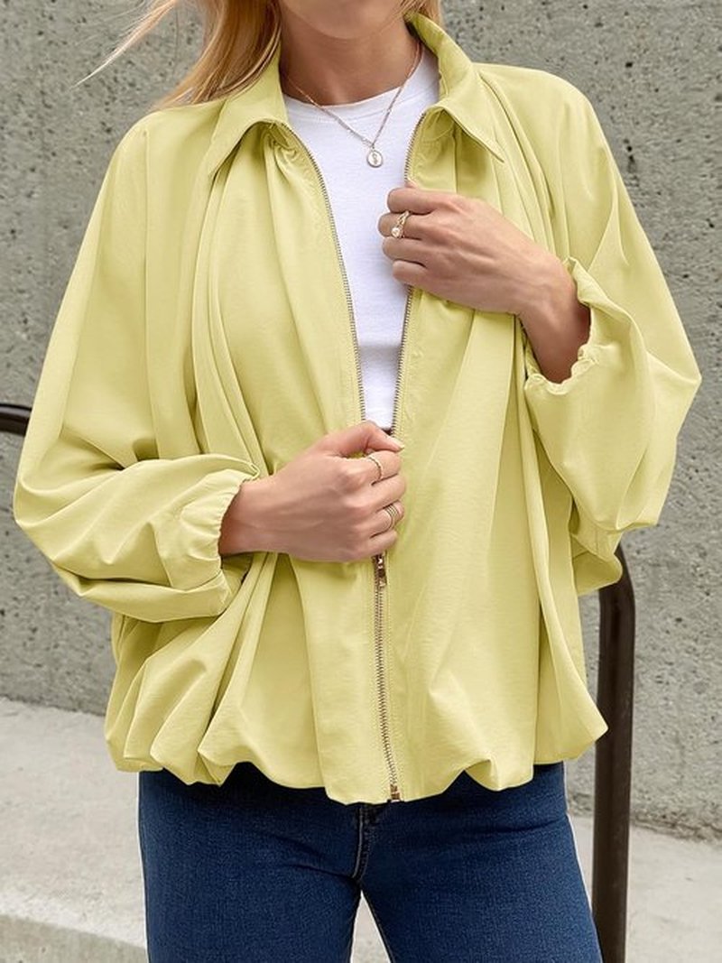 Tankaneo Women's Oversized Bomber Jacket - Stylish Batwing Sleeve, Zip-Up Design, Pleated Lapel