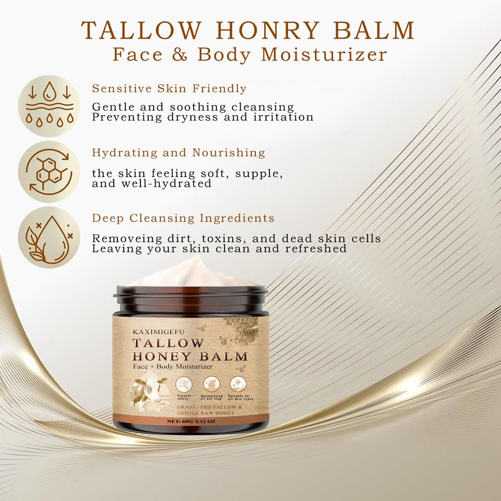 Beef Tallow for Skin - Organic Grass Fed Whipped Moisturizer with Honey Balm, Natural Hydrating Cream for Face & Body, Relief for Dry & Sensitive Skin