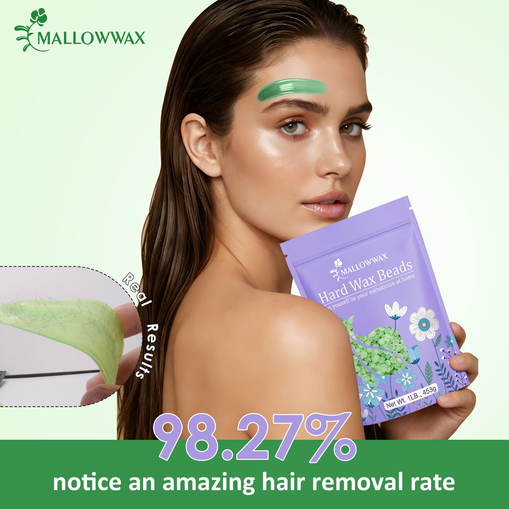 Mallowwax 1LB Aloe Hard Wax Beads, Hair Removal Wax for Full Body, Eyebrow, Legs, Bikini Brazilian Waxing - Perfect for Coarse and Fine Hair
