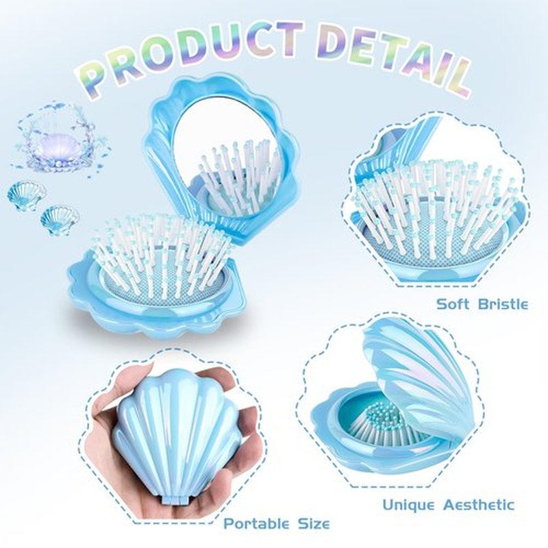MAMODA 12 Pcs Shell Mirror Hair Brush Mermaid Birthday Party Favors Travel Comb for Women Teen Girls Kids Mini Gift Little Mermaid Party Favors (Blue)