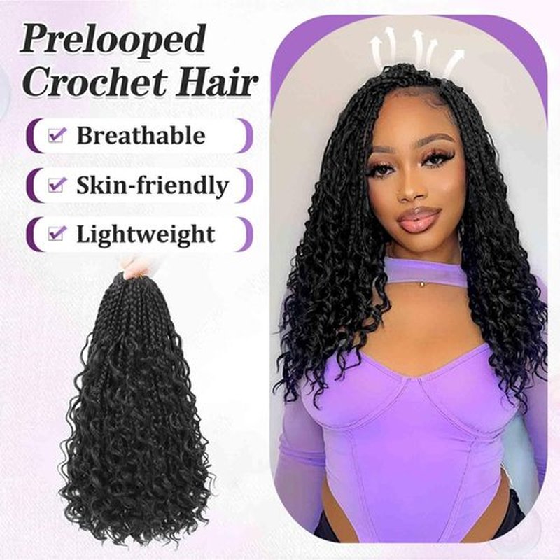 Goddess Box Braids Crochet Hair For Black Women-12 Inch 8 pack Pre Looped Boho Crochet Braids Short Prelooped Bohemian Boho Box Crochet Hair With Curly Ends（12in,#1b）