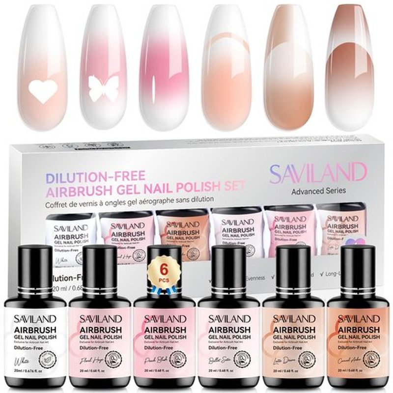 SAVILAND Dilution-Free Airbrush Gel Nail Polish: 6PCS 20ml White Pink Nude Airbrush Paint for Nails 0-Acetone Non-Toxic Airbrush for Nails Gel 28 Days Lasting for Ombre French Nail Art Party