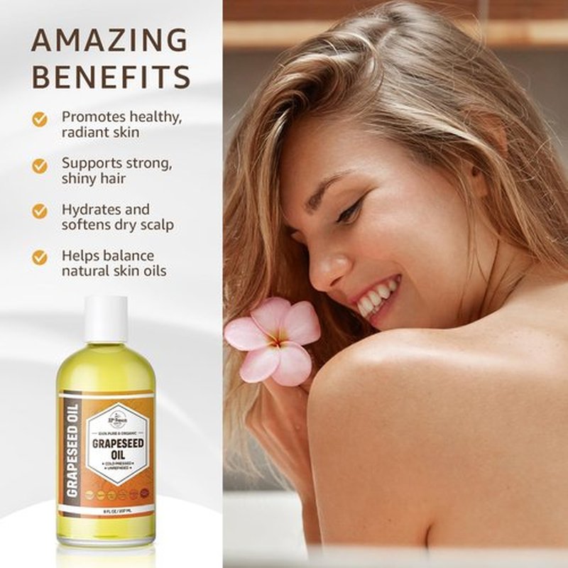 Organic GRAPESEED Oil (8 oz) Cold Pressed Unrefined | 100% Pure Natural, Non-GMO | Available in Bulk | Skin, Hair, Face, Carrier Oils, Soap Making | 8 FL OZ