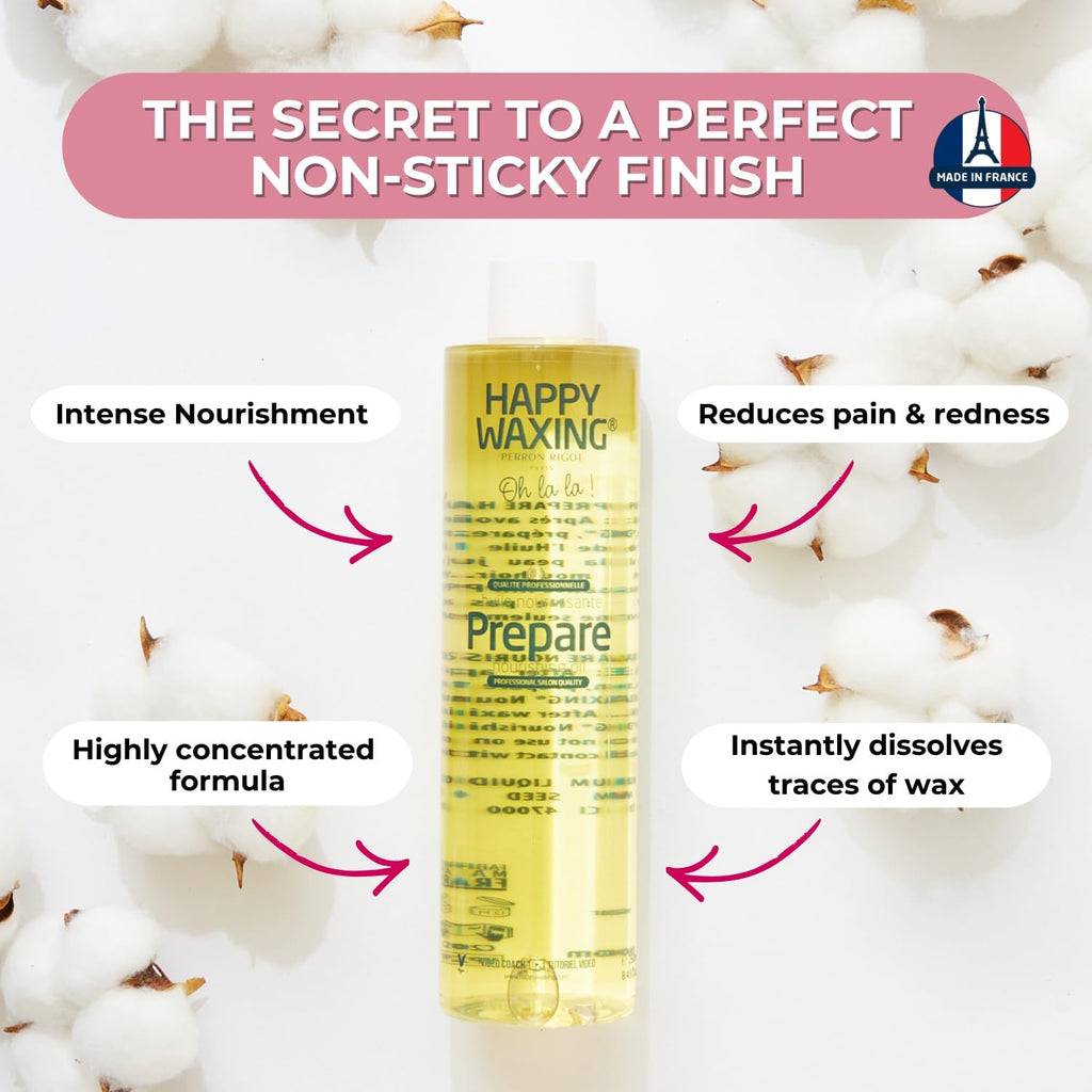Happy Waxing Prepare Nourishing Oil 8.45oz - Pre-Wax Safety Barrier & Post-Wax Residue Remover - Minimizes Pain & Protects Skin - Conditioning Jasmine Scented Oil for Hard Wax - Vegan & Paraben-Free