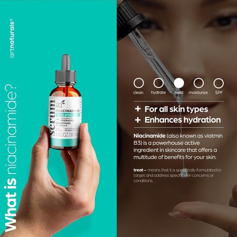 Artnaturals Niacinamide Face Serum, 10% Active Niacinamide with 1% Zinc PCA & Vitamin B3 - Hyaluronic Acid, Pore Reducer, Mineral Blemish Protection, 1 oz