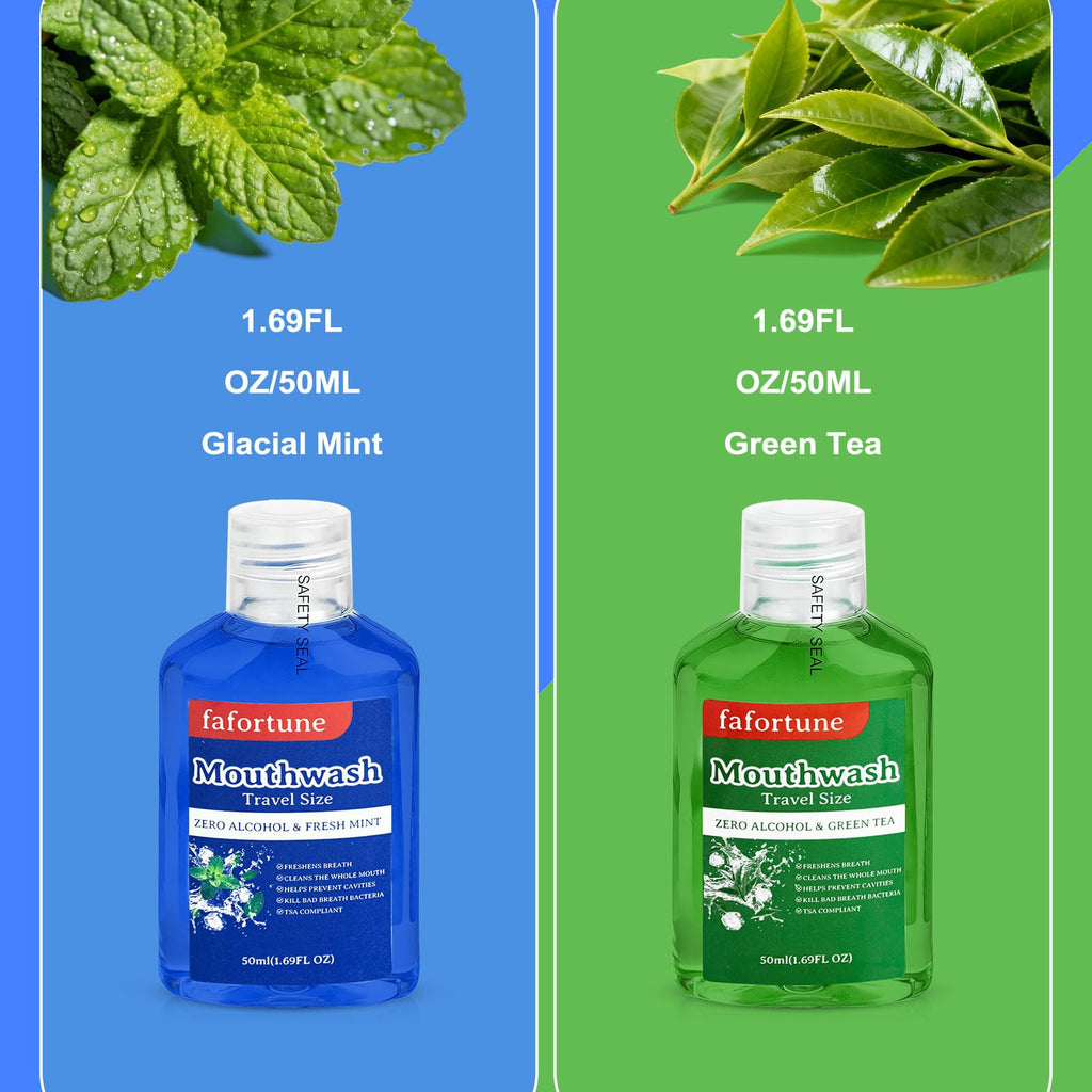 fafortune 1.69fl oz Travel Size Mouthwash Bulk Mini Mouthwash Small Portable Alcohol Free Bottles Individual for Travel Camping Hotels On-The-Go(Pack of 20,Mint and Green Tea)