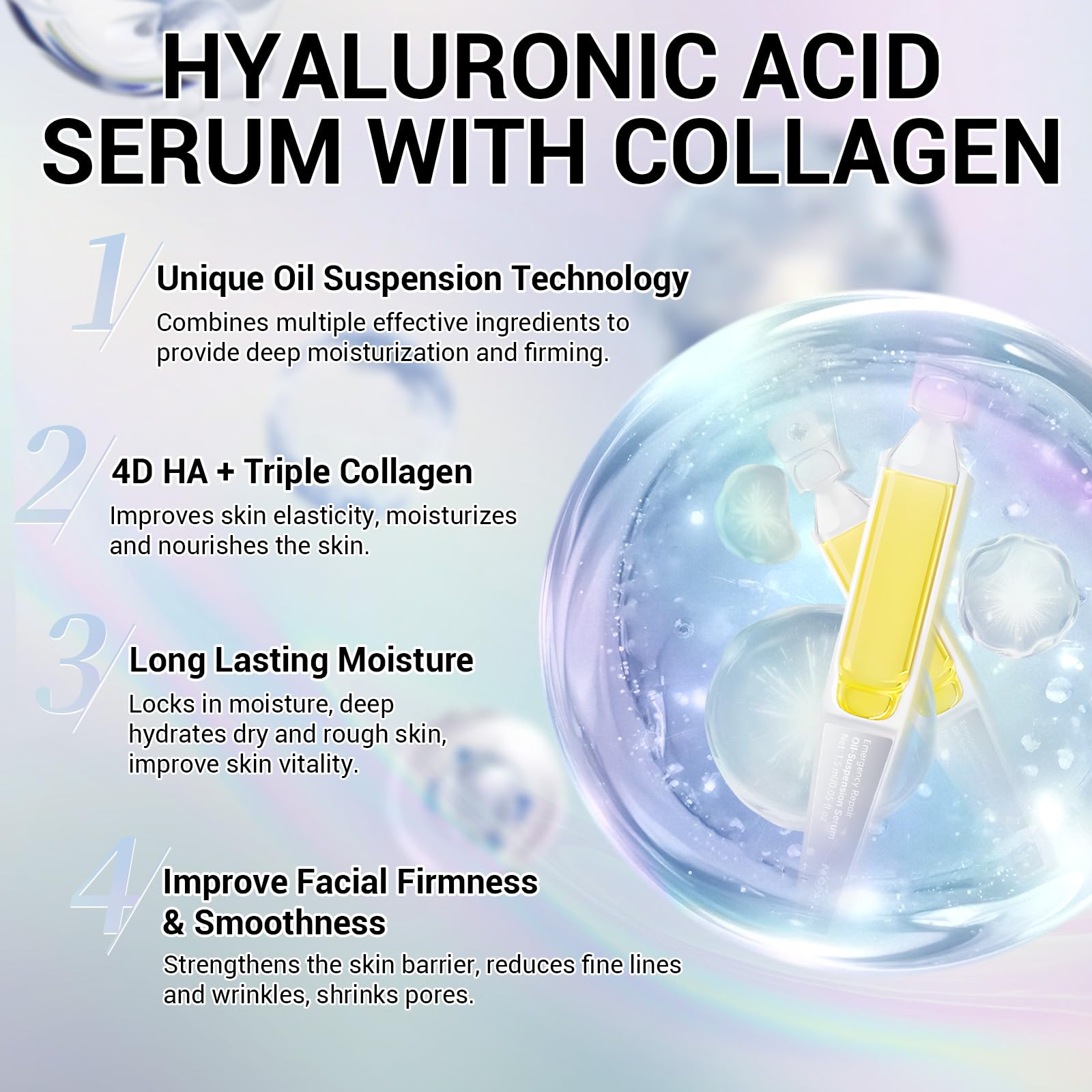 4D Hyaluronic Acid Serum with Collagen, Oil Suspension Serums for Barrier Repair, Facial Firming & Moisturizing, Anti Aging Serum for Balance Oil & Water, 30 Pcs Single-Use Vial for Sensitive Skin
