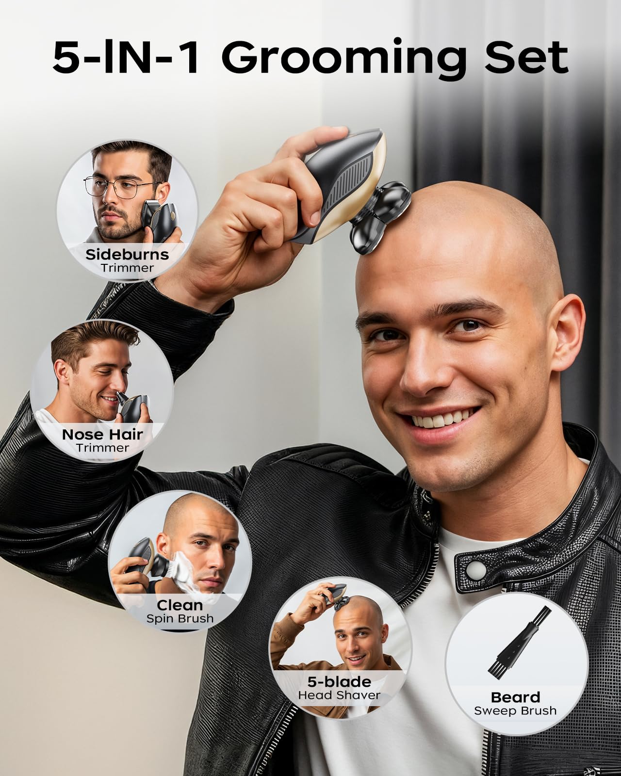 Head Shavers for Bald Men, 5 in 1 Electric Razor IPX7 Waterproof for Bald Men, 5D Rotary Shaver